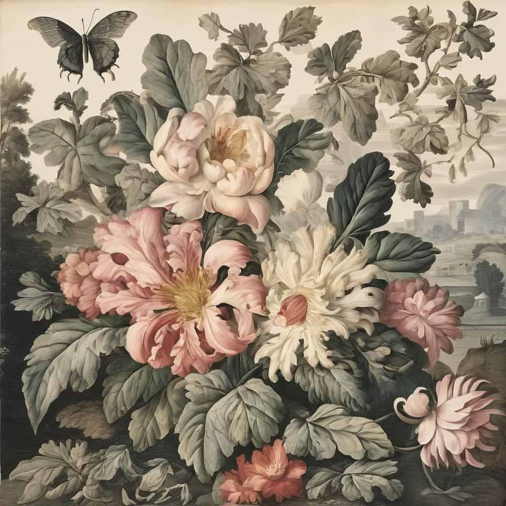 Λουλούδια σε πίνακα ζωγραφικής με ροζ και λευκά άνθη, συνοδευόμενα από πεταλούδα και τοπίο στο φόντο.