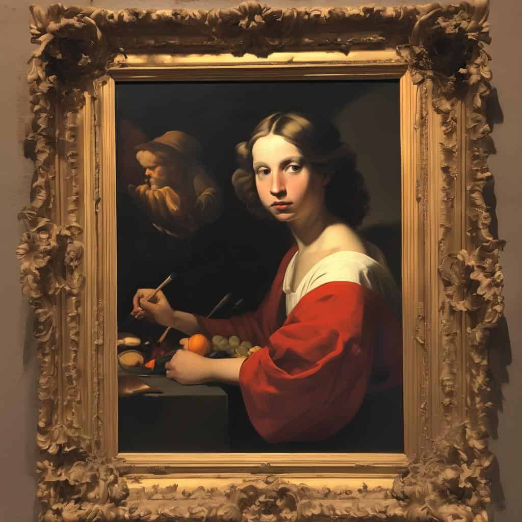 Παράσταση με νεαρή γυναίκα σε έργο τέχνης, σε κλασικό πλαίσιο, αναζήτηση προσωπικού νοήματος, τέχνη και αυτοεύρεση.