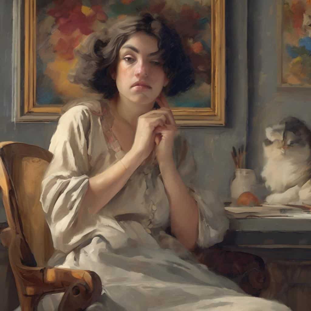 Ανθρώπινη γυναίκα με σγουρά μαλλιά σε εσωτερικό χώρο, πίνακας τέχνης και δημιουργικότητα.