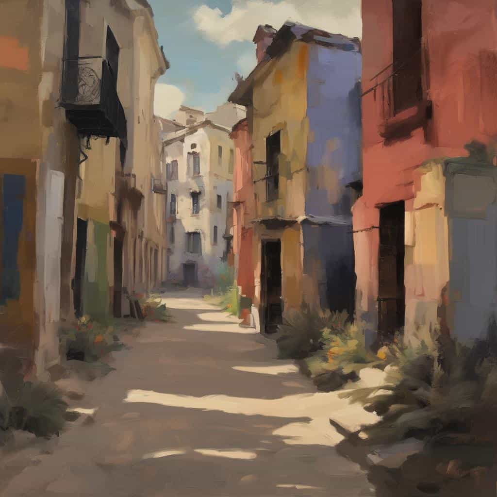 Παραδοσιακή καλλιτεχνική απεικόνιση γραφικών δρόμων και κτιρίων, εκφράζοντας την προσωπική αναζήτηση μέσω τέχνης.