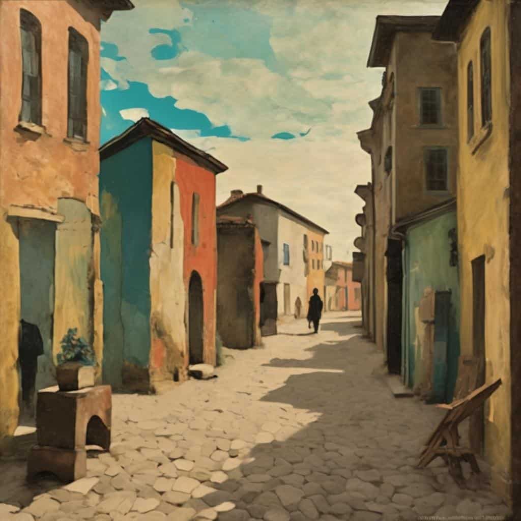 Ζωγραφική εικόνα μιας γραφικής παλιάς πόλης με πολύχρωμα σπίτια και πέτρινο δρόμο, αναδεικνύοντας την τέχνη και την προσωπική αναζήτηση.